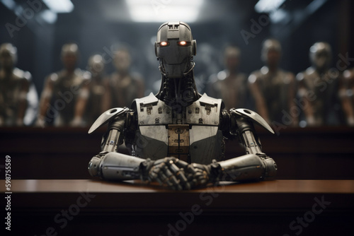 A robotic figure stands before a panel of judges, its hyper-realistic features and movements indistinguishable from those of a human.