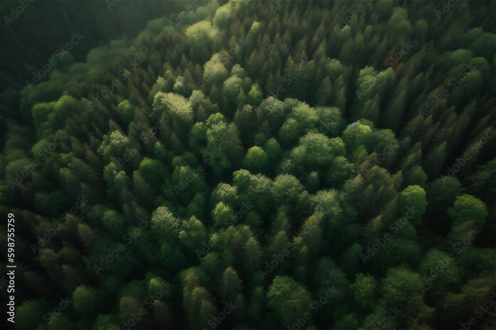 aerial top down view of a green forest, drone view, natural green background. AI generated content
