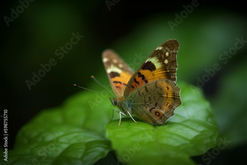 Close up of a butterfly on a green leaf. AI generated content