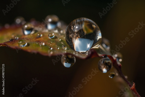 Large beautiful drops of transparent rain water on a leaf macro. Drops of dew in the morning glow in the sun. Beautiful leaf texture in nature. Natural background. AI generated content