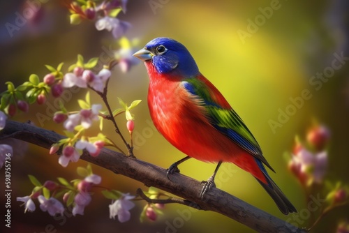 Painted Bunting Cardinal on the tree, spring buds, colorful background, side look Generative AI © zakiroff