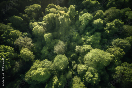 aerial top down view of a green forest  drone view  natural green background. AI generated content