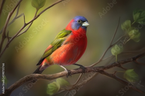 Painted Bunting Cardinal on the tree, spring buds, colorful background, close up Generative AI © zakiroff