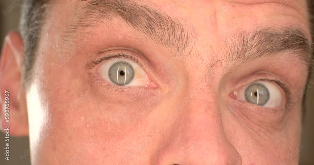 Opens eyes wide. Close-up of the face, an inspired man poses, he looks with his eyes, twists around. Positive motivation. Soft focus. Generative AI Opens eyes wide. Close-up of the face, an inspired man poses, he looks with his eyes, twists around. Positive motivation. Soft focus. Generative AI