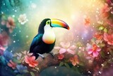 Rainbow toucan witting on the tree, summer tropical flowers surrond the bird, colorful background Generative AI