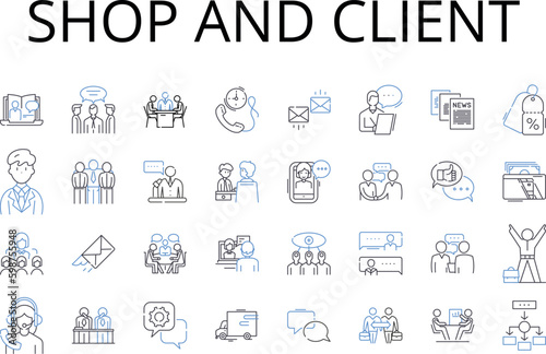Shop and client line icons collection. hop store, boutique, market, outlet, emporium, department store, grocery store vector and linear illustration. mall, shoppe, supermarket outline Generative AI