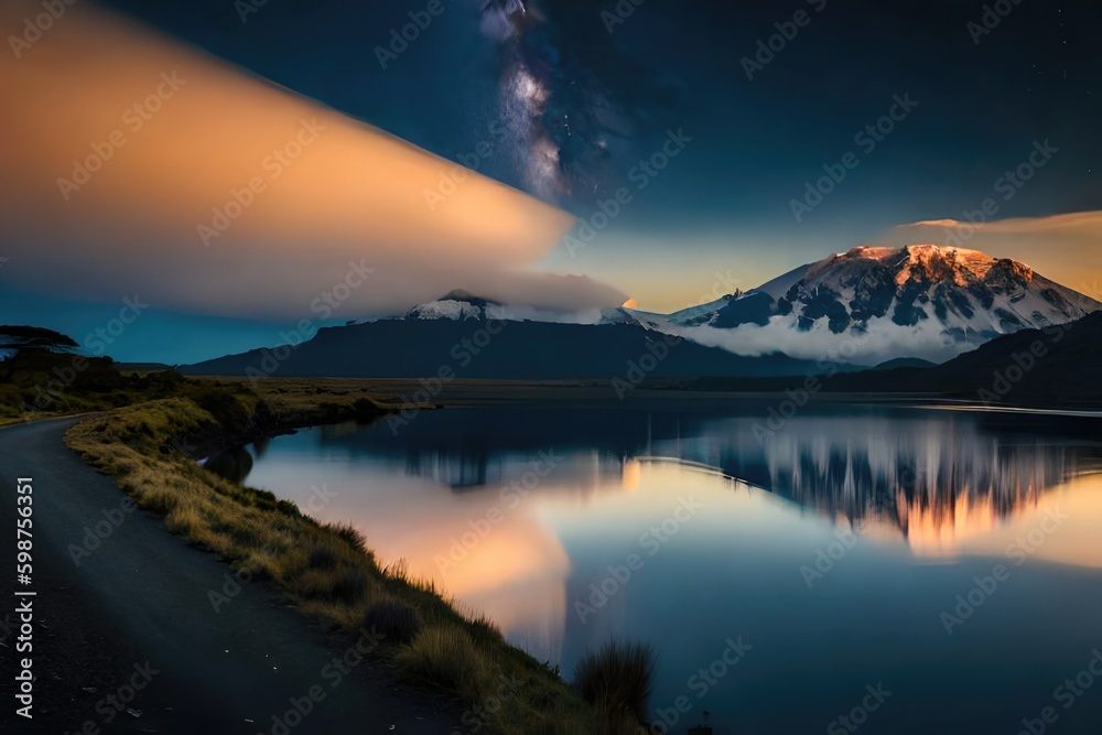 Mount Kilimanjaro and clouds line at sunset, view from savanna landscape in Amboseli, Kenya, Africa