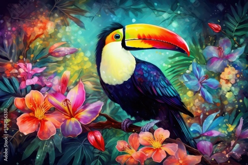 Rainbow toucan witting on the tree  close up  colorful background Generative AI