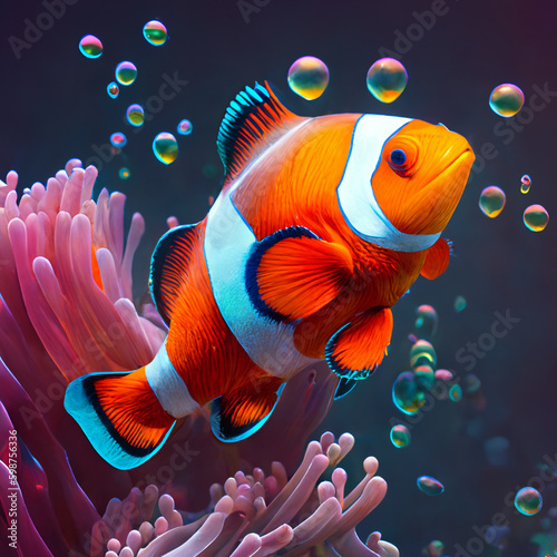 A vibrantly colored clownfish joyfully playing with bubbles among the coral reef
