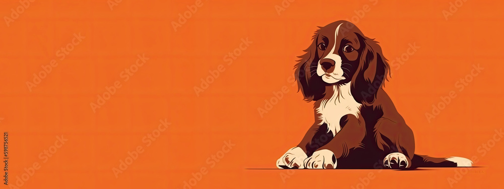 Cute spaniel puppy on orange background with copy space, banner Generative AI