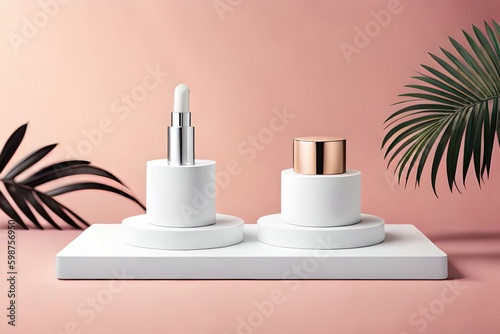 Three cosmetic product mockups on geometric podiums. Background for presentation of cosmetic