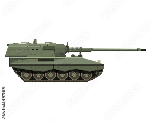 Self-propelled howitzer in flat style. German 155 mm Panzerhaubitze 2000. Military armored vehicle. Detailed colorful vector illustration isolated on white background.