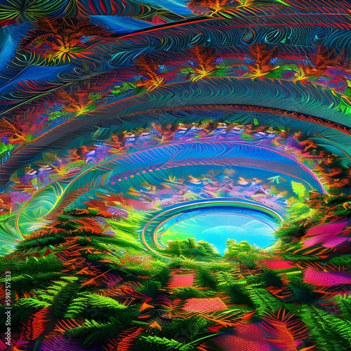 Fractal Forest: An abstract representation of a forest, created with intricate fractal patterns and vivid colors2, Generative AI photo