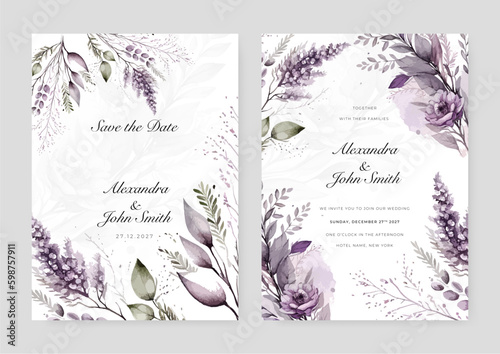 Purple floral flower elegant wedding invitation watercolor