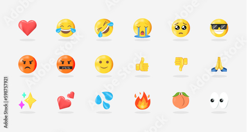 Pack of most use Emoticons, Heart, Laugh, ROLF, Cry, Sad, Angry, Thumb up down, Peach, fire, Sparkles, Most use emoji vector emoticons. photo