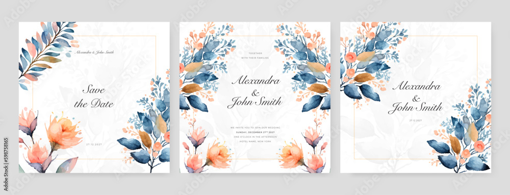 Pink blue rose floral flower vector beautiful gold flowers line art on wedding card template watercolor