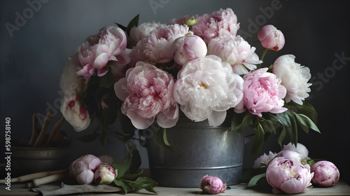 still life photograph, mixed bunch of open flowering peonies in pastel shades of pink in a vintage zinc bucket, with pink silk ribbons, sitting on a white wood table © Maria Tatic