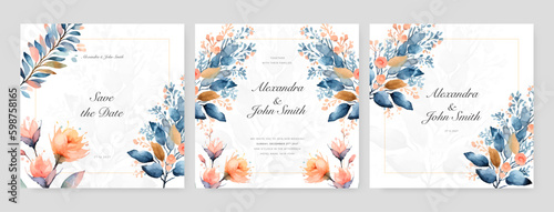 Pink blue rose floral flower vector beautiful gold flowers line art on wedding card template watercolor