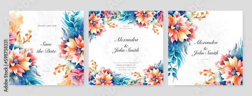 Orange pheony floral flower vector hand drawn floral wedding invitation template watercolor