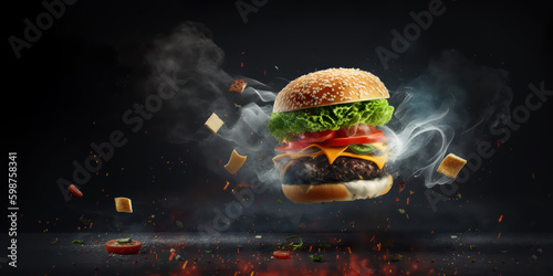 fresh beef cheeseburger sandwich with flying ingredients and spices hot ready to serve and eat with copyspace area - Generative AI