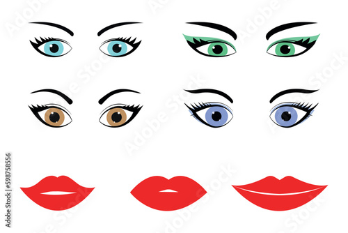 Set of different human eyes  eyebrows and lips  cartoon girl face elements. Vector illustration