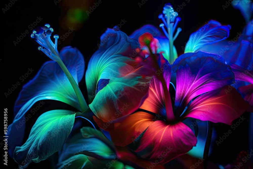 Obraz premium Bioluminescent colorful tropical flowers on black background. AI generative