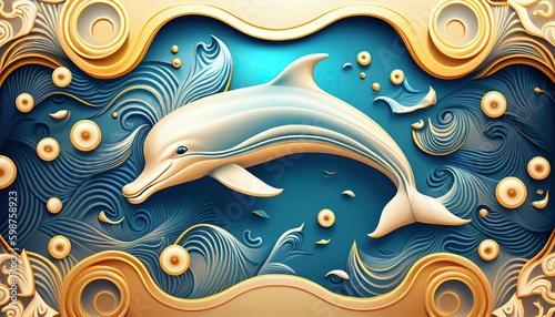 Fototapeta Naklejka Na Ścianę i Meble -  3d background with dolphin and waves. AI generative