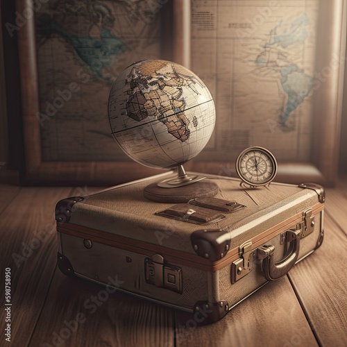 Old suitcases maps and the globe - the notion of travel relocation and expat life. AI generative photo
