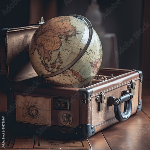Old suitcases maps and the globe - the notion of travel relocation and expat life. AI generative
