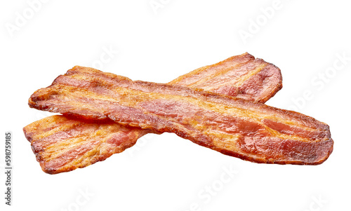 two fried bacon strips isolated on white background. bacon isolated on white background. Crispy  fried bacon pieces close up.