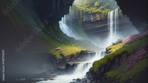 Beautiful Grass and Flower Covered Cavern in a Forest with Waterfall Matte Painting Background Generative AI Illustration photo