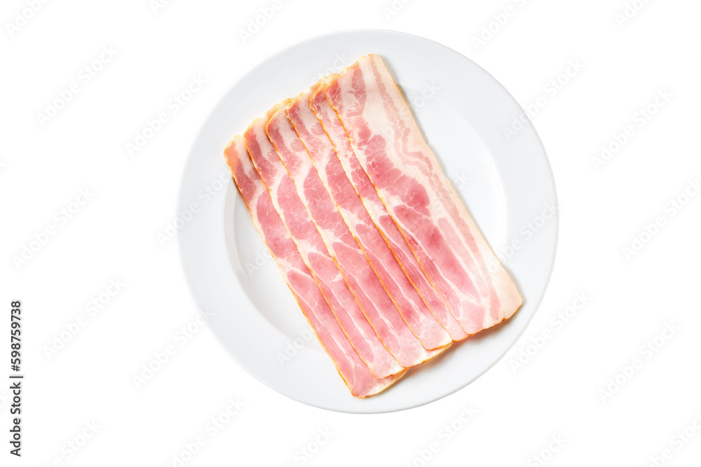 Smoked bacon strips in a white plate isolated on white background, top view.