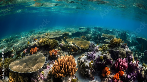 coral reefs on the bottom of the clear sea, generative ai