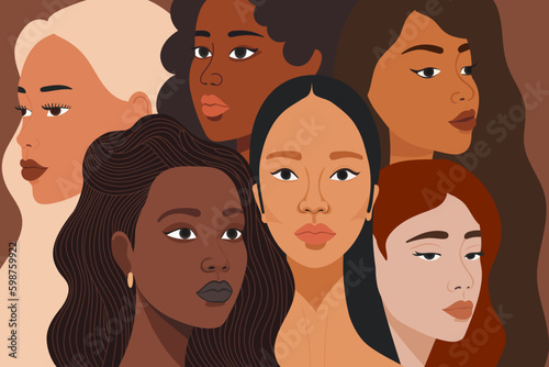Six attractive women. Different hairstyles, skin tones - afro, curly, long hair. Beautiful strong people, sisters. The concept of feminism, equality, rights.