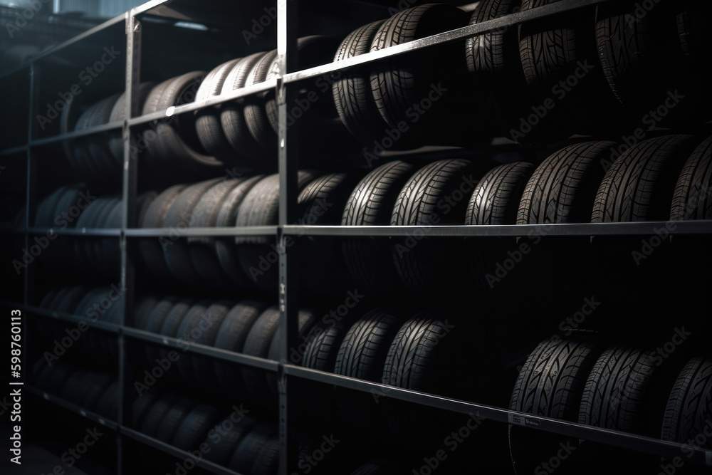 Obraz premium A selection of tires in different sizes and styles, suitable for a range of vehicles from sports cars to trucks, displayed in an auto store. AI Generative Generative AI