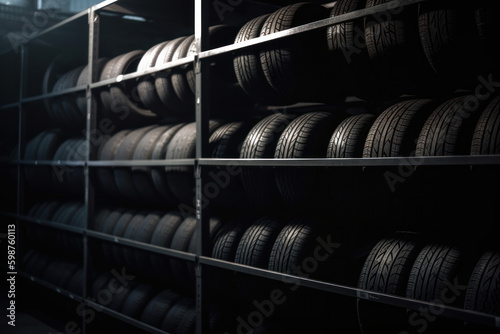 A selection of tires in different sizes and styles, suitable for a range of vehicles from sports cars to trucks, displayed in an auto store. AI Generative Generative AI