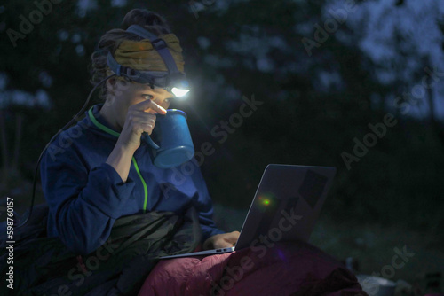 camping laptop at night