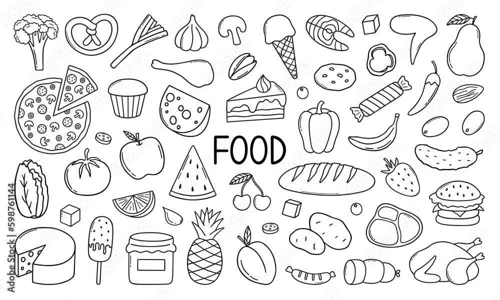 Food ingredient doodle set.  Fruits, vegetables, sweets, bakery, fast food in sketch style. Hand drawn vector illustration isolated on white background