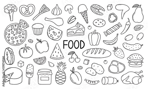 Food ingredient doodle set.  Fruits  vegetables  sweets  bakery  fast food in sketch style. Hand drawn vector illustration isolated on white background