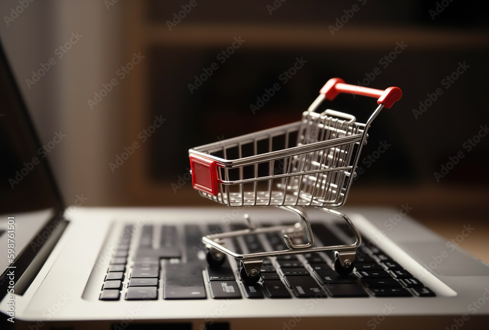 A shopping cart standing on a laptop computer. Online shopping concept. Generative ai