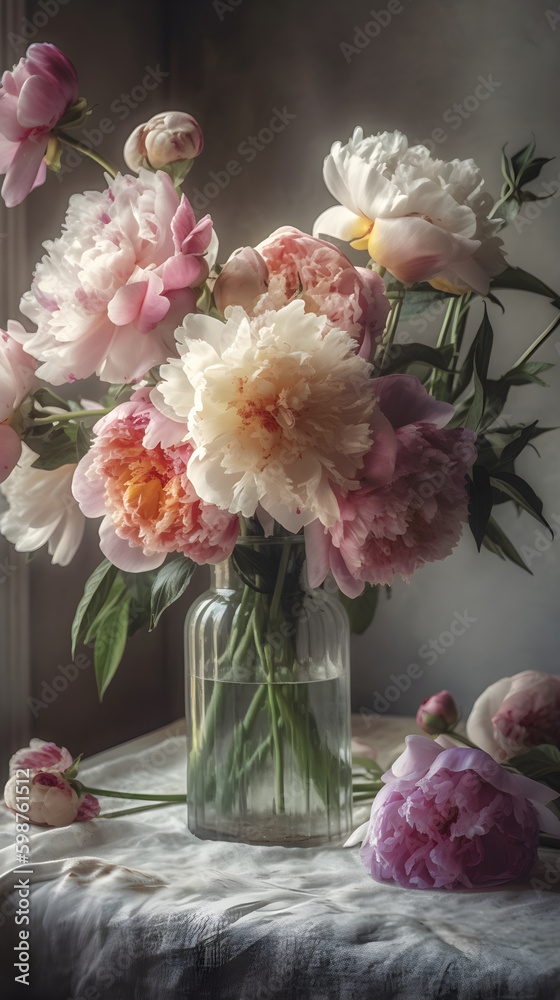 still life photograph, mixed bunch of open flowering peonies in pastel shades of pink in a vintage vase, with pink silk ribbons, sitting on a white wood table still life photograph, mixed bunch of open flowering peonies in pastel shades of pink in a vintage vase, with pink silk ribbons, sitting on a white wood table