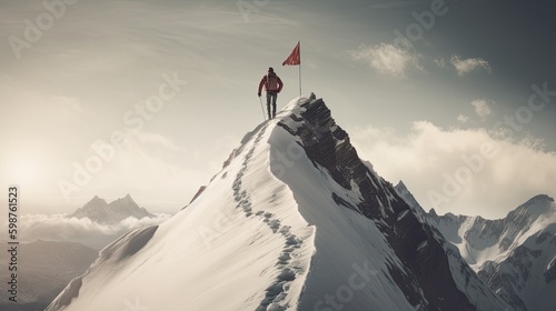 Climber celebrating success on top of mountain Generative AI