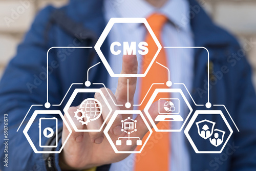 Man using virtual touch screen represents acromym: CMS. CMS Content Management System Concept. Website management software, seo optimization, administration, user rights settings, site configuration.