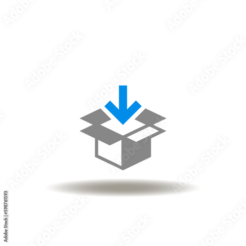 Vector illustration of open box with arrow down. Icon of fulfillment. Symbol of order. Sign of product packaging.