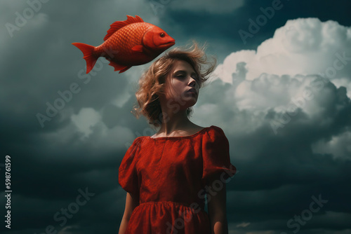 a fish flies near the head of a girl in a red dress. art, minimalism, dark sky and clouds. surreal art. AI generative