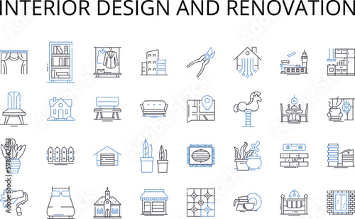 Interior design and renovation line icons collection. Home improvement, Decorating, Remodeling, Makeover, Refurbishment, Redesign, Revamp vector and linear illustration. Upgrade,Refresh,Overhaul