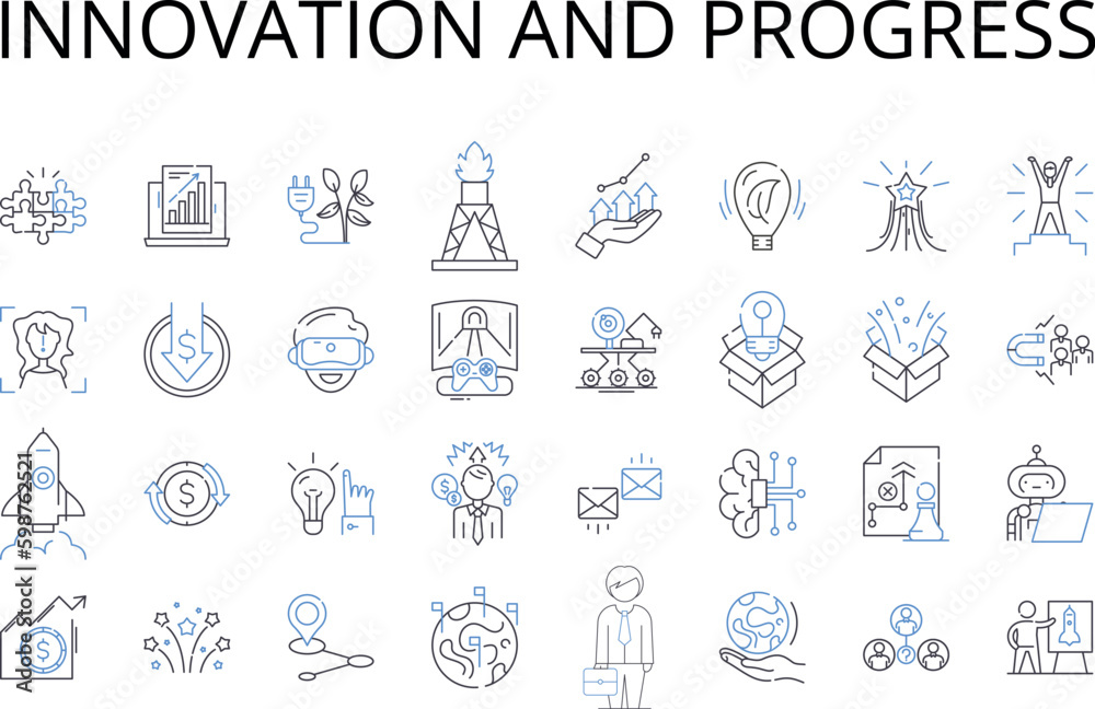 Innovation and progress line icons collection. Improvement, Advancement, Development, Modernization, Growth, Evolution, Change vector and linear illustration. Advancement,Upgradation,Enhancement