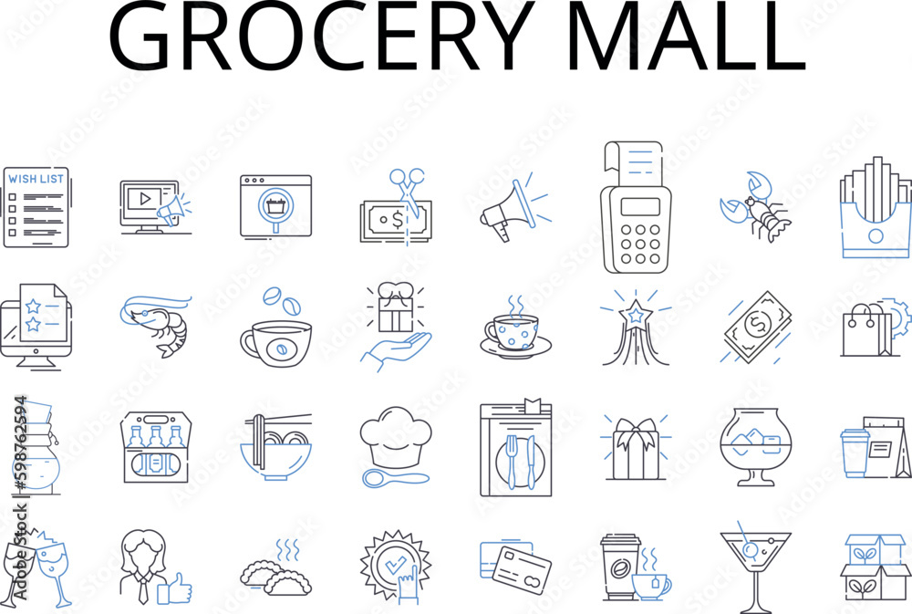 Grocery mall line icons collection. Supermarket, Grocery store, Convenience store, Market, Megamarket, Hypermarket, Specialty store vector and linear illustration. Corner store,Mini-market,Discount