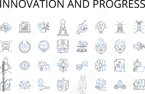 Innovation and progress line icons collection. Improvement  Advancement  Development  Modernization  Growth  Evolution  Change vector and linear illustration. Advancement Upgradation Enhancement