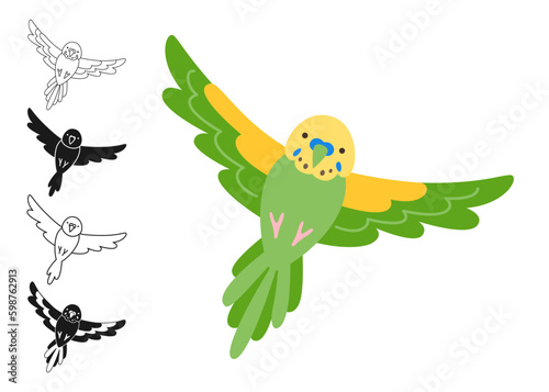 Parrot tropical cartoon set. Exotic bright budgerigar parrots flying drawing outline sign or engraved childish summer collection. Wildlife jungle Hawaiian cute wild bird, funny vivid Generative AI